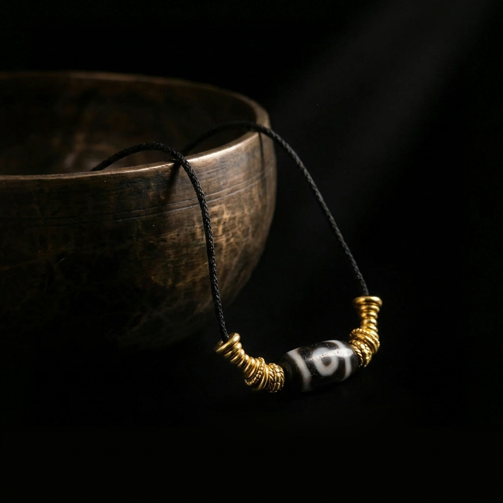 The Clear Intent Dzi Agate focus necklace resting beside an antique brass bowl, highlighting the smooth patterned stone and textured gold accents in soft, dramatic lighting.