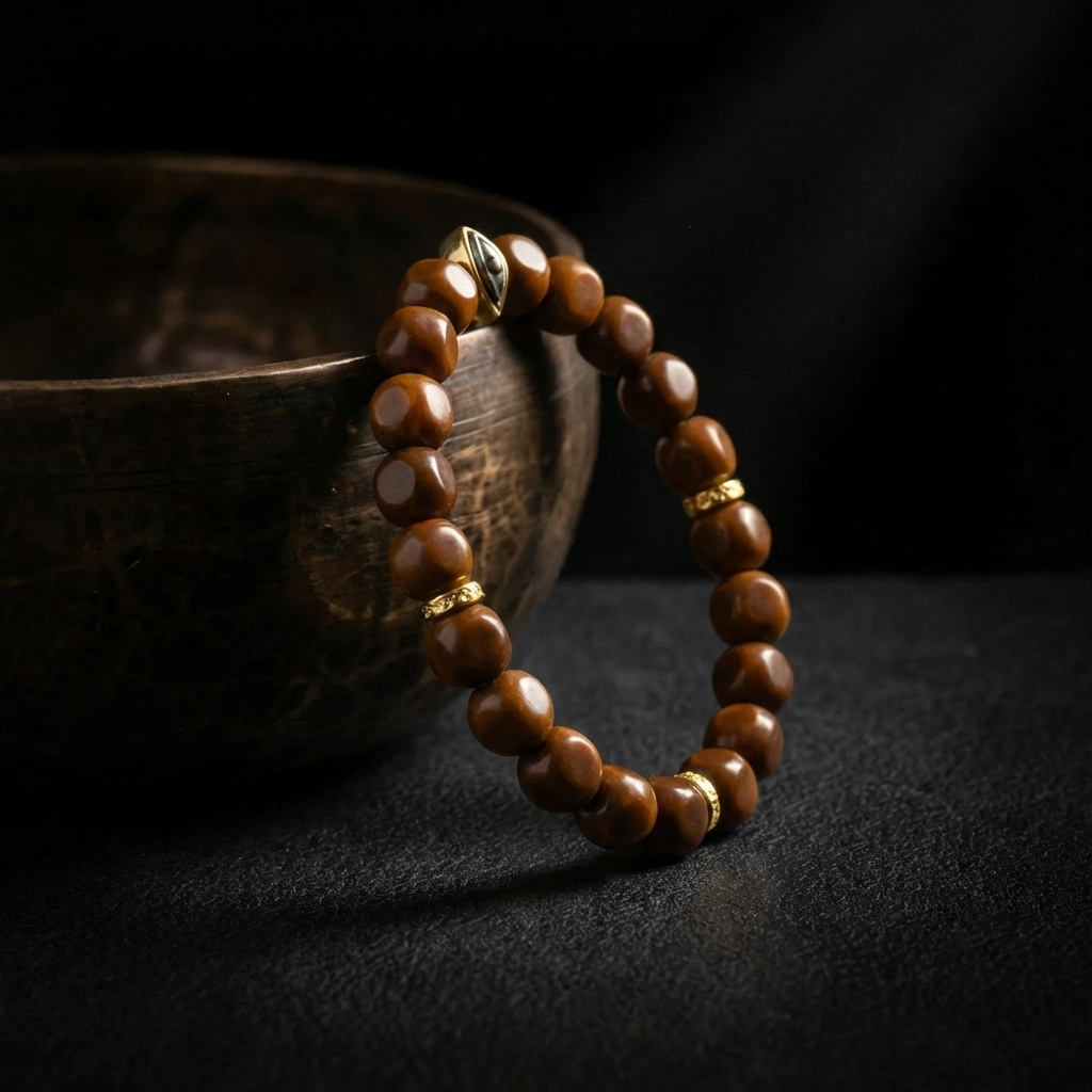 The organic Walnut Wood bracelet resting inside an antique singing bowl, capturing Jambhala's 1,900-meter acoustic purification process.