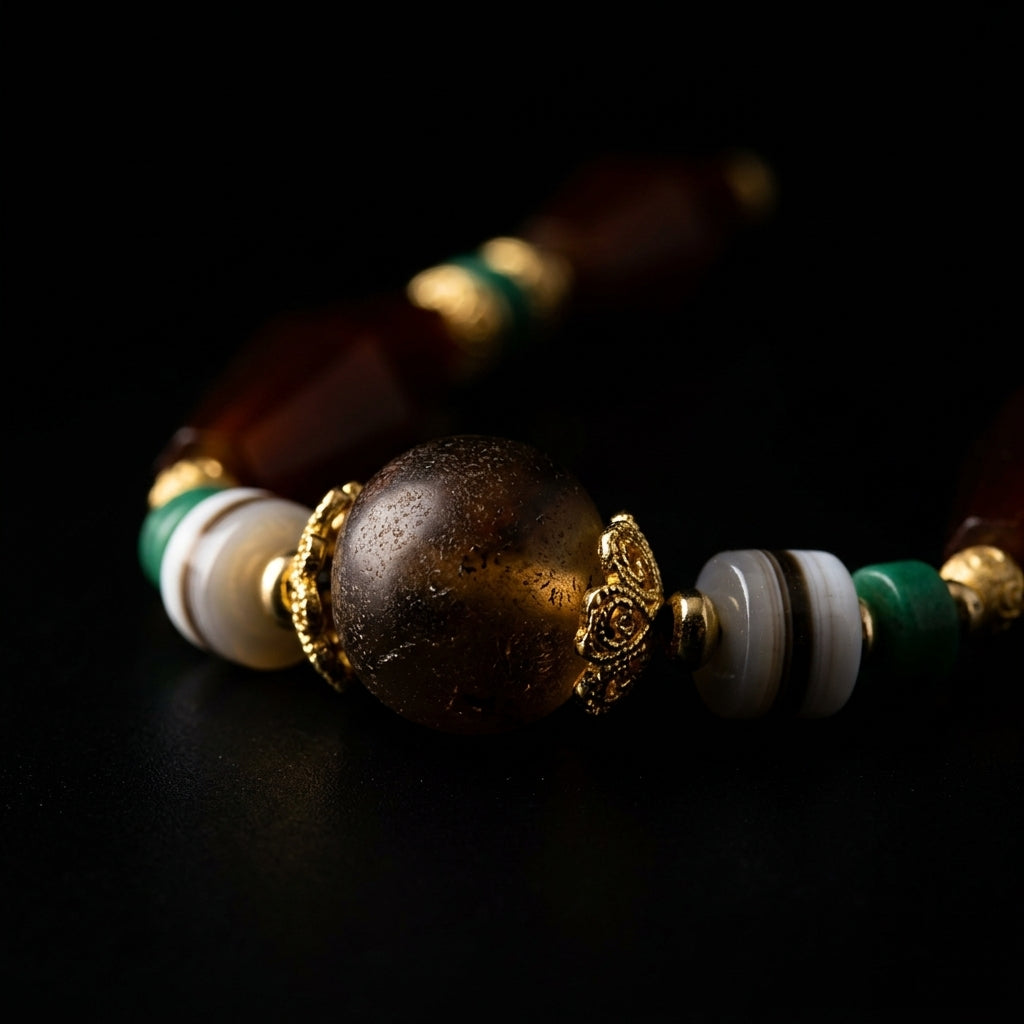 Close-up of the Carnelian grounding necklace on a dark background, featuring faceted red stones, banded agate spacers, and a dense amber-toned focal bead with matte gold hardware.