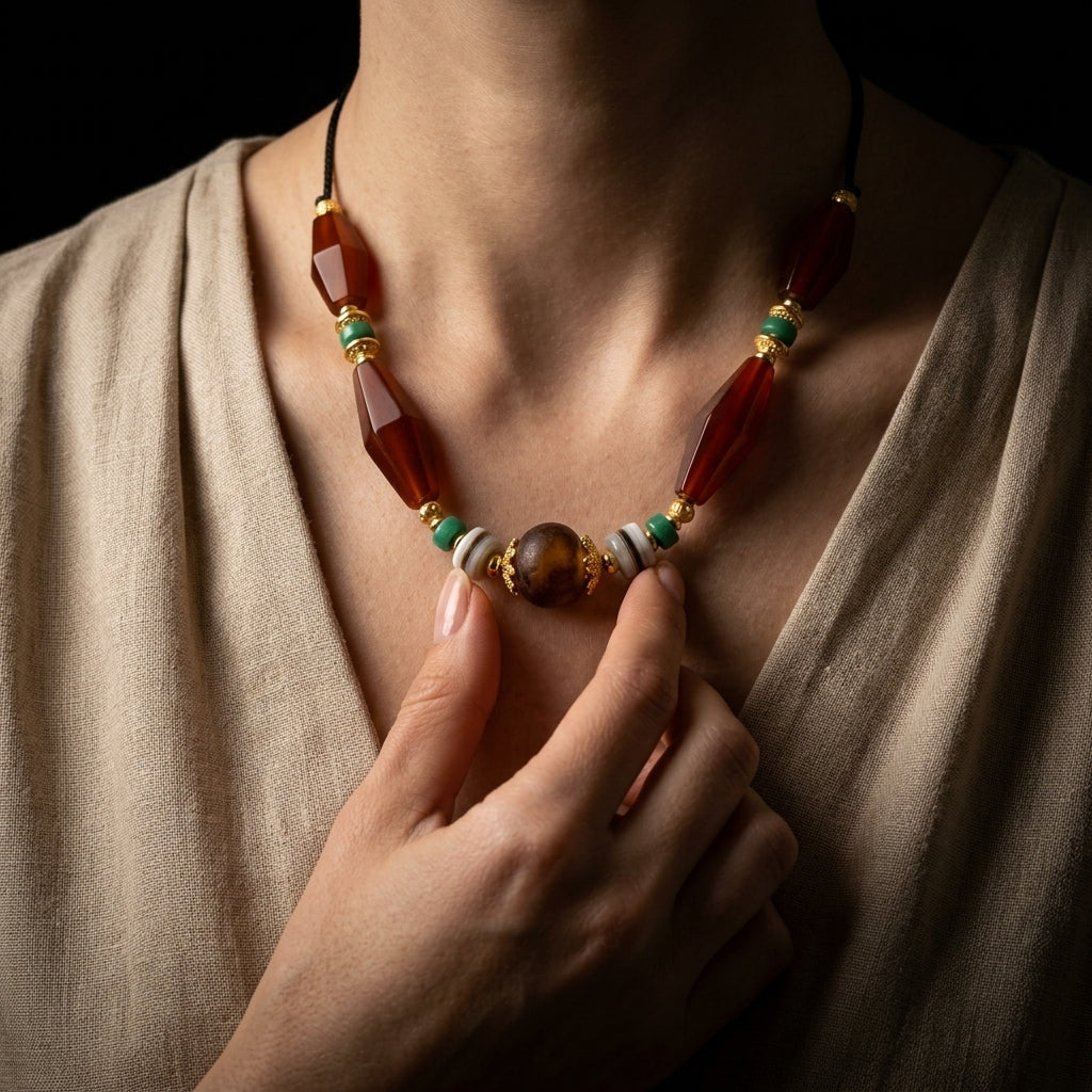 A person touching the heavy focal stone of the Carnelian grounding necklace resting on their chest, using it as a tactile worry stone to calm emotional overload.