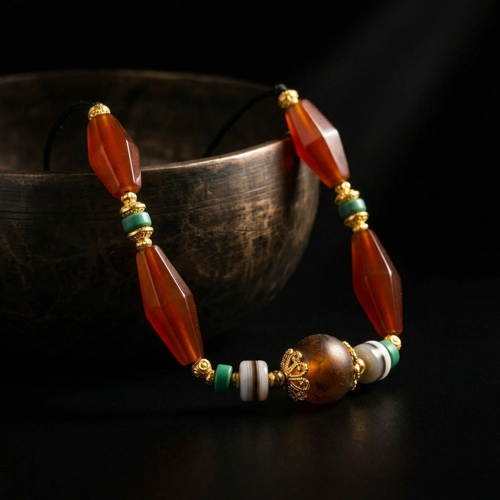 The Carnelian and amber-toned grounding necklace resting next to an antique singing bowl, representing Jambhala's 1,900-meter acoustic purification ritual.