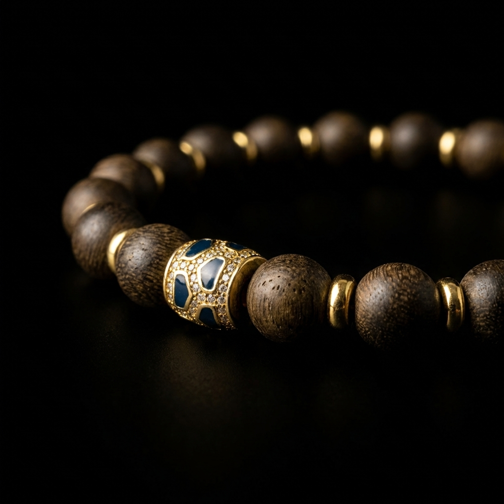 Close-up of the Deep Time agarwood grounding bracelet, highlighting the dark wood grain and the midnight blue mosaic enamel bead on a black background.