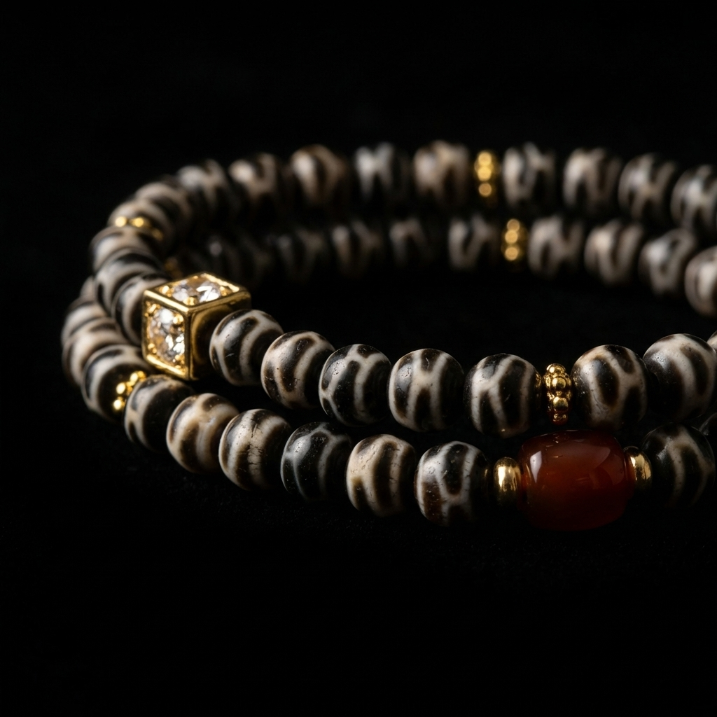 Close-up of the Defined Path patterned Agate focus bracelet, featuring 6.4mm black and white labyrinth-banded stones, a deep red accent bead, and an 18K gold cubic focal node on a dark background.