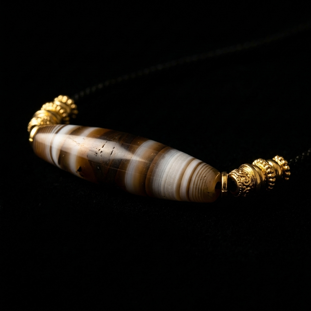 Close-up of the Earth Horizon Banded Agate grounding necklace, featuring a 50mm smooth cylindrical stone with ancient earth-toned strata and 18K gold ribbed spacers.