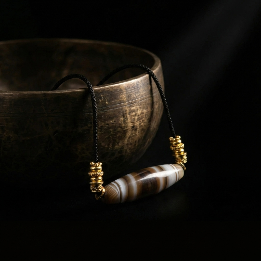 The Earth Horizon Banded Agate grounding necklace resting beside an antique brass bowl, highlighting the natural banded stone and gold spacers in soft, dramatic lighting.