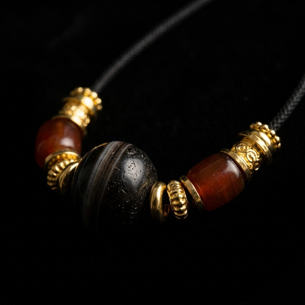 Close-up of the Enduring Core Aged Agate grounding necklace, featuring a 17mm weathered spherical stone with natural pitting, reddish-brown nodes, and 18K gold spacers on a dark background.