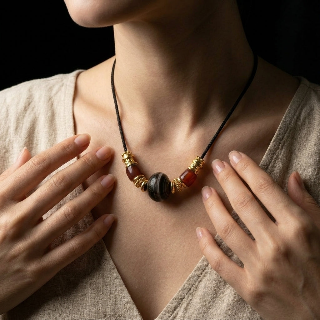 Woman wearing the Enduring Core Aged Agate grounding necklace, showcasing the beautifully scarred 17mm focal stone and warm earth-toned accents resting against her chest over a neutral linen dress.