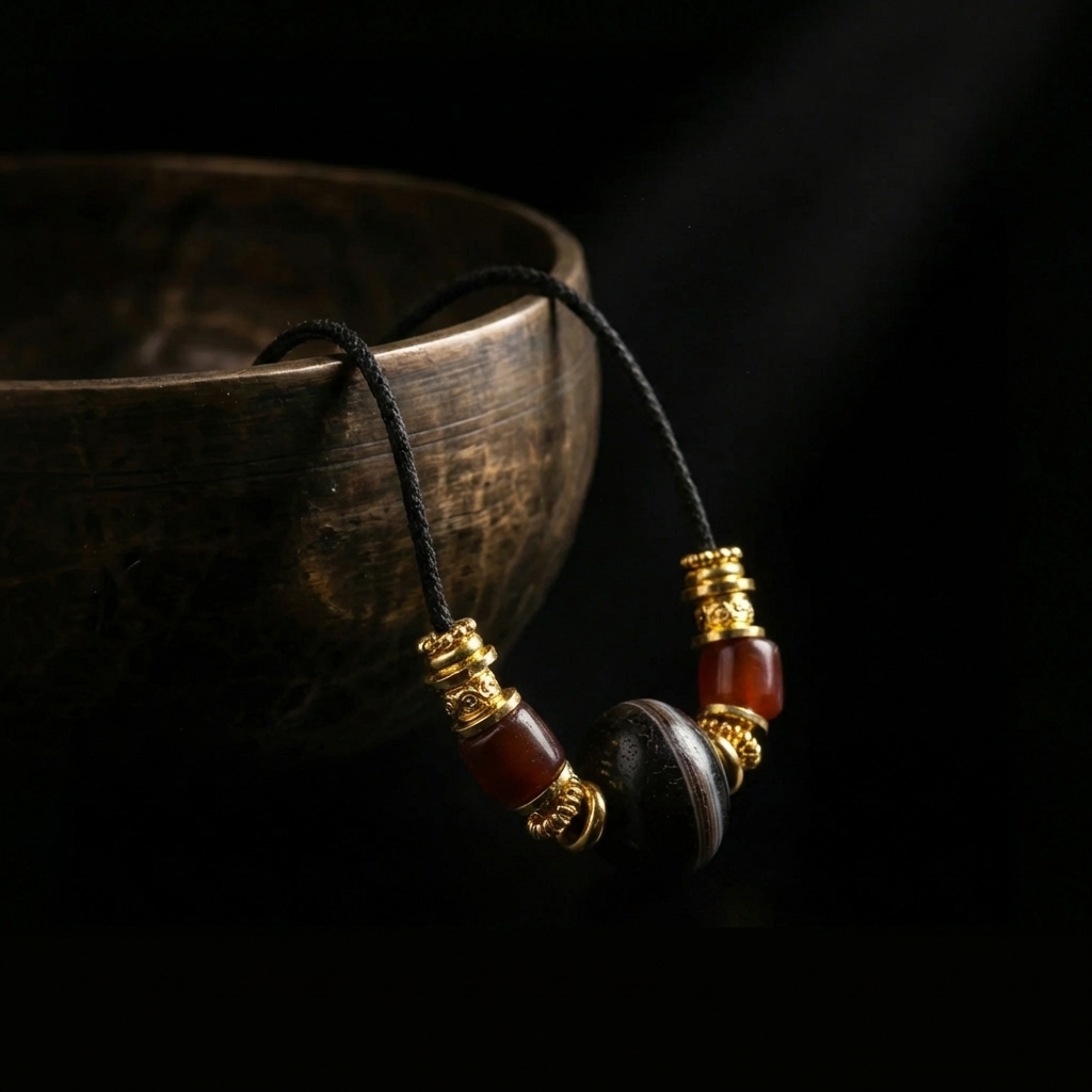 The Enduring Core Aged Agate grounding necklace resting beside an antique brass bowl, highlighting the rugged, time-worn texture of the central sphere in soft, dramatic lighting.