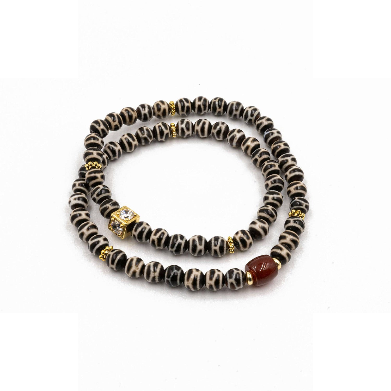 Health and good luck multi-ring bracelet - Sialamagnet with agate ancient beads 18K gold plating and diamond inlay - jambhala＆jewelry