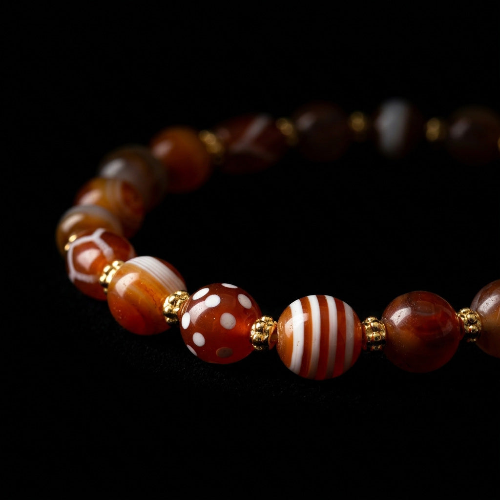 Close-up of the Fire-Forged Etched Agate grounding bracelet on a dark background, showcasing reddish-brown stones with white fire-baked motifs and matte gold spacers.