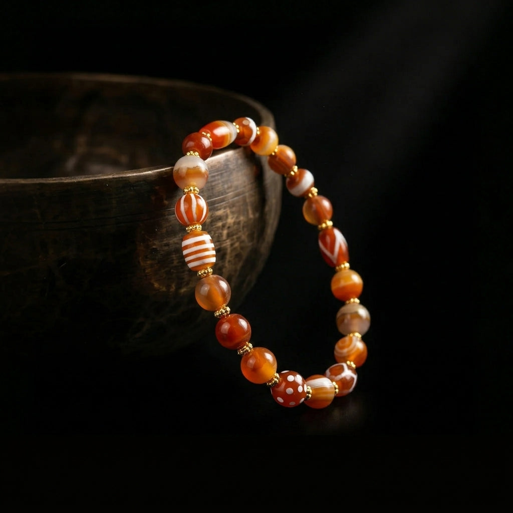 The Etched Agate anchor bracelet resting beside an antique singing bowl, representing Jambhala's 1,900-meter acoustic purification ritual.