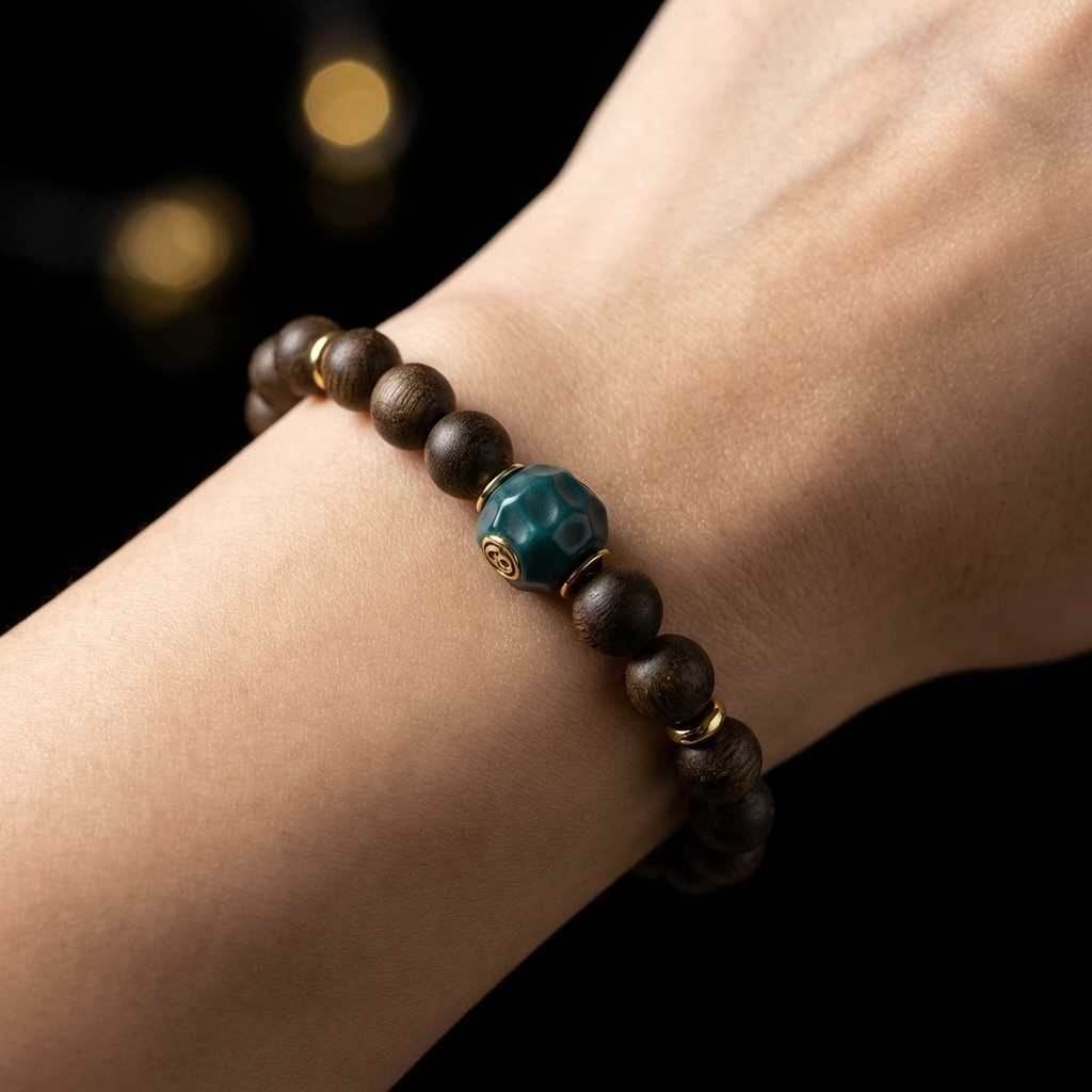 Woman wearing the First Leaf Agarwood focus bracelet on her wrist, showcasing the warm wooden beads and striking green focal node against her skin.