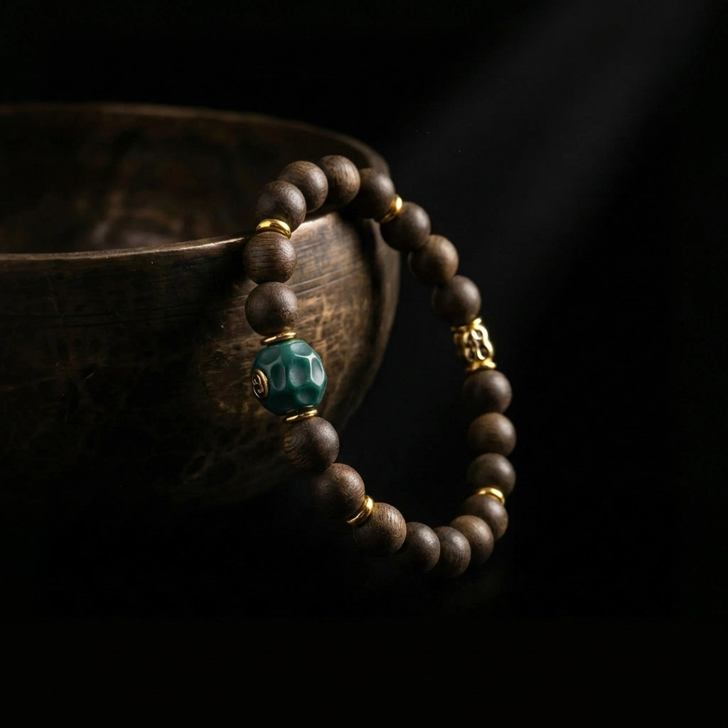 The First Leaf Agarwood focus bracelet resting against an antique brass bowl, highlighting the textured 8.4mm wooden beads and faceted green stone in dramatic lighting.