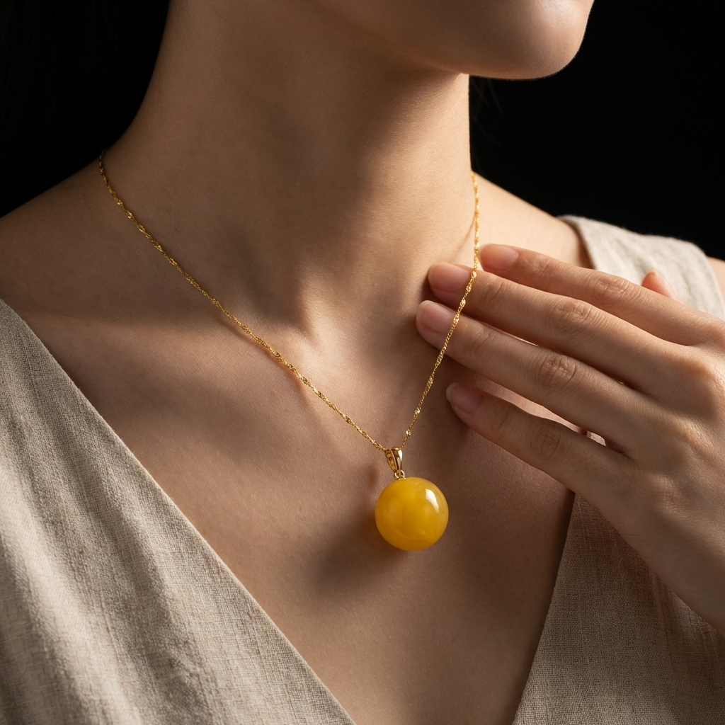 Woman wearing the minimalist amber grounding necklace with a neutral V-neck linen top, showcasing modern eastern aesthetic jewelry for everyday anxiety relief.