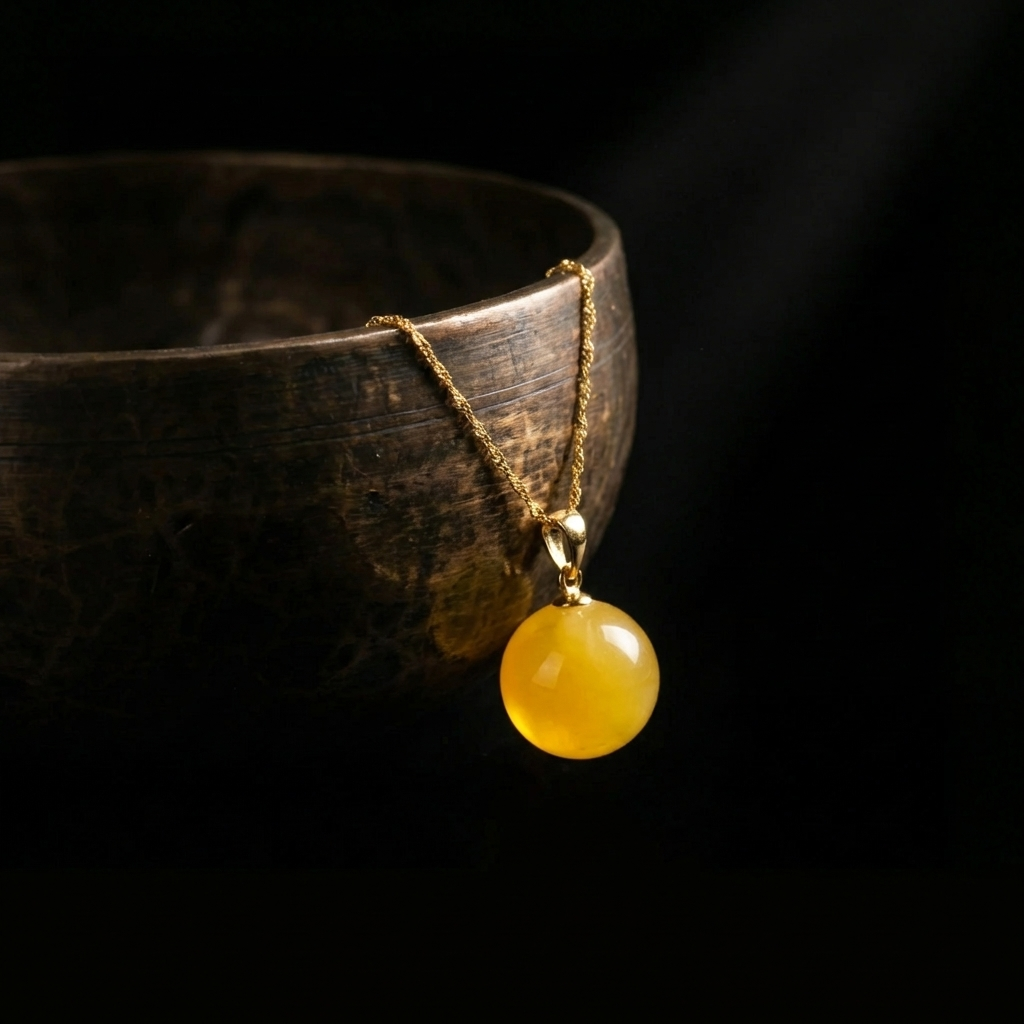 Authentic amber pendant resting on a dark wabi-sabi textured bowl, highlighting the smooth natural stone and physical absolute clarity.