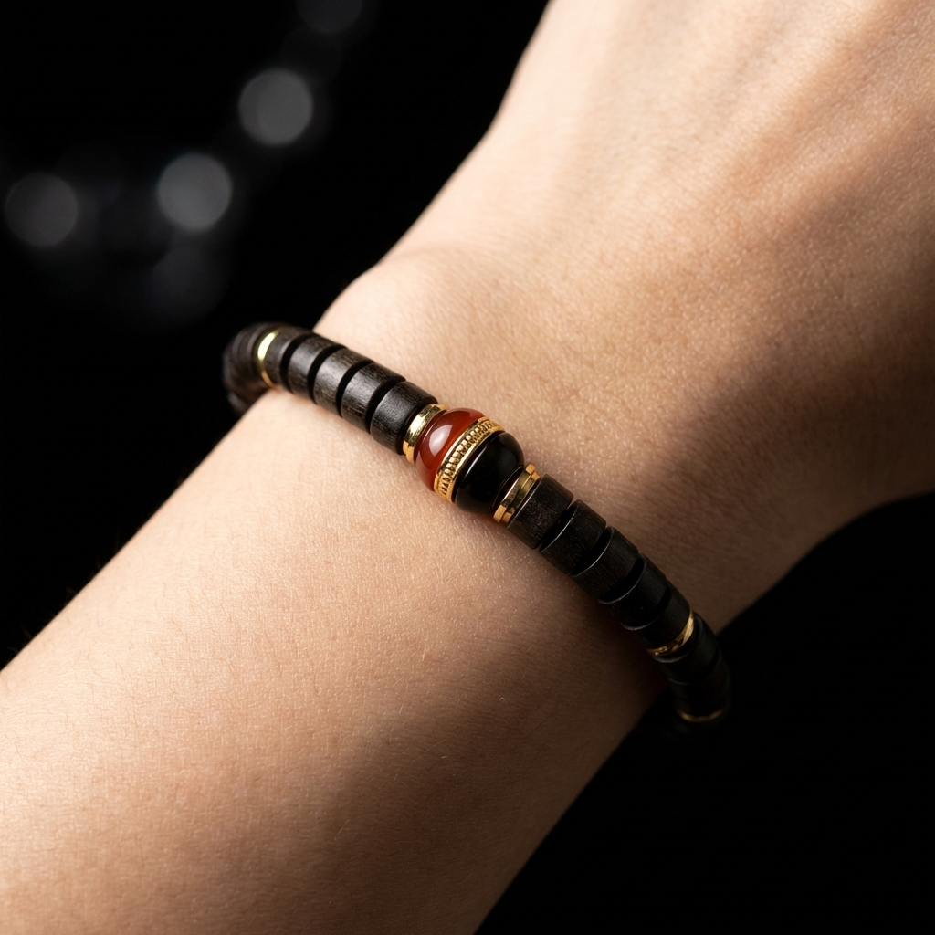 Woman wearing the First Spark Sandalwood and Agate focus bracelet on her wrist, showcasing the 7mm disc-cut wooden beads and dual-tonal agate focal point against a neutral linen dress.