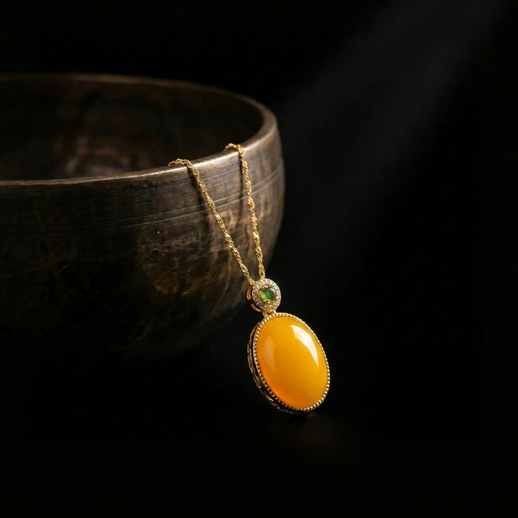 Polished oval amber necklace draped over a dark rustic bowl, highlighting its smooth texture and warm golden tones.