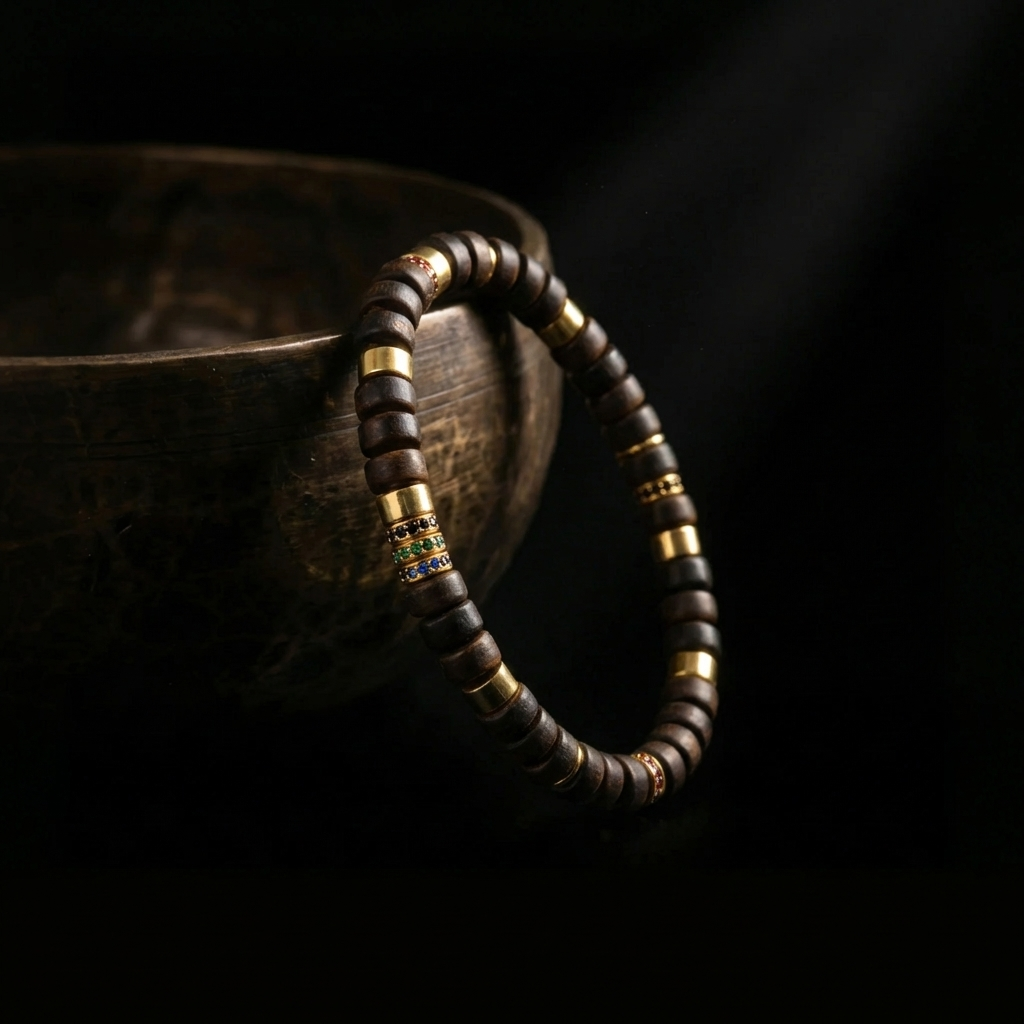 Jambhala organic Sandalwood mindfulness bracelet resting on an ancient singing bowl, prepared for the 1,900-meter sound purification ritual for mental clarity.
