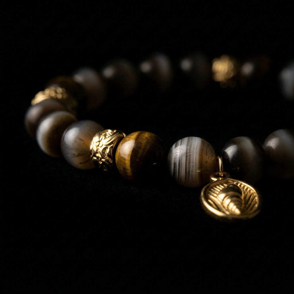 Close-up of the Tiger's Eye focus bracelet on a dark background, featuring smooth, polished natural stones and a matte 18K gold charm.