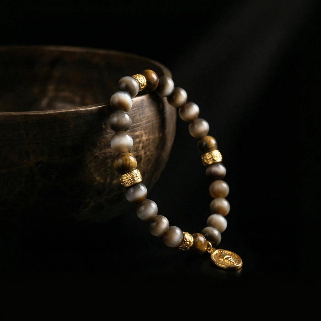 The Tiger's Eye focus bracelet resting next to an antique singing bowl, representing Jambhala's 1,900-meter acoustic purification ritual.