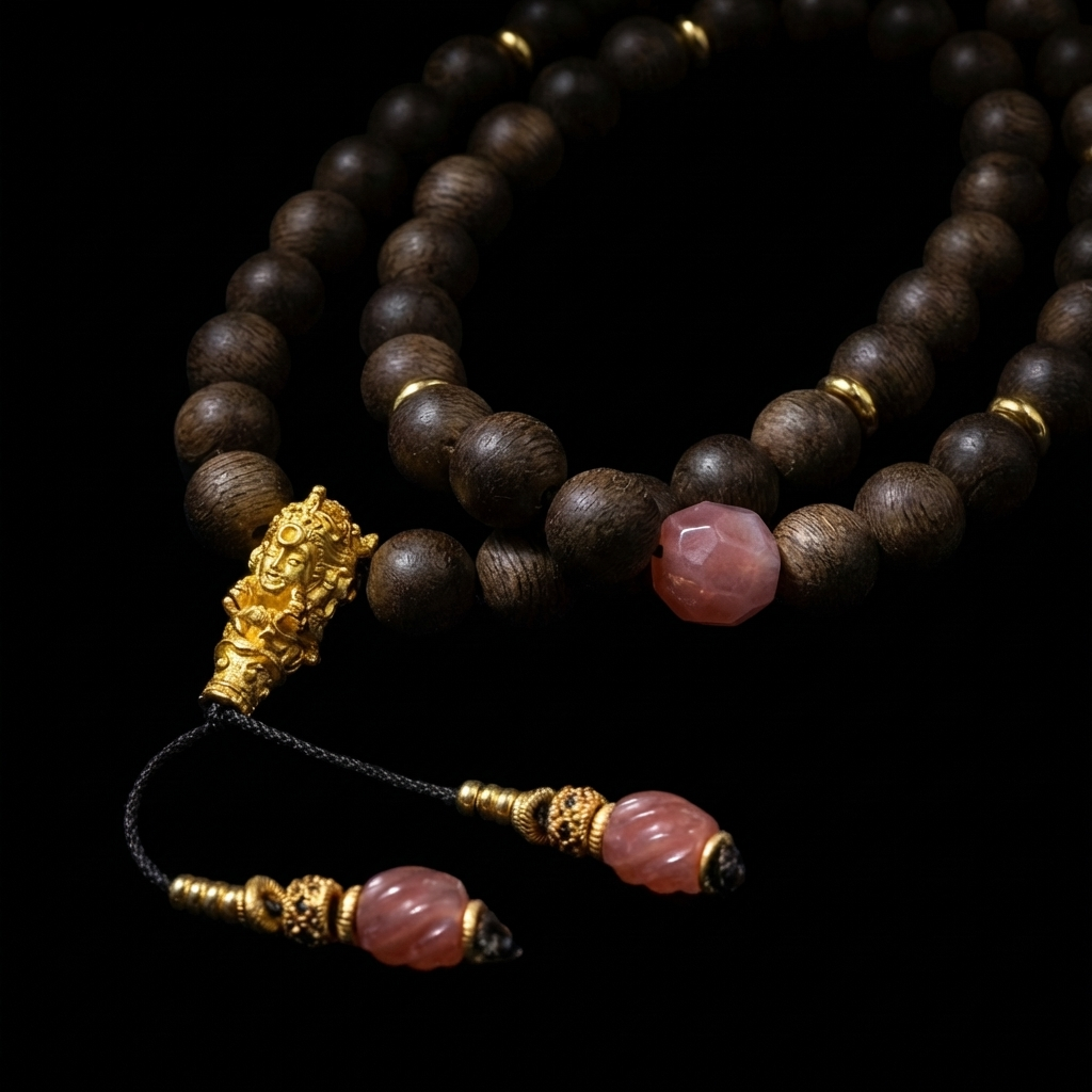 Close-up of the Layered Grace double-wrap Agarwood focus bracelet, featuring 7.5mm dark wooden beads, faceted rose-hued stones, an 18K gold multi-faced bead, and hanging tassels on a dark background.