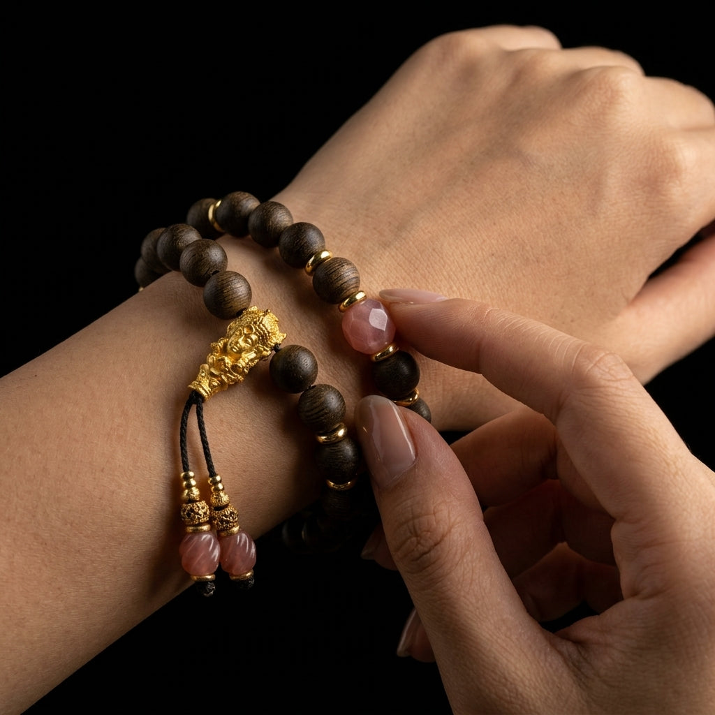 Woman wearing the Layered Grace double-wrap Agarwood focus bracelet on her wrist, showcasing the elegant stacked wooden beads and pink stone accents against her skin.