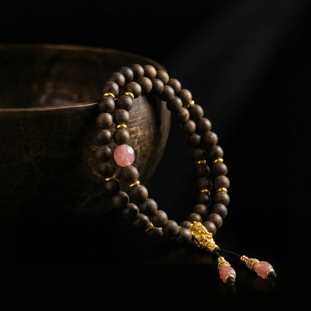 The Layered Grace double-wrap Agarwood focus bracelet resting gracefully beside an antique brass bowl, highlighting the textured wood and gold tassel details in soft, dramatic lighting.