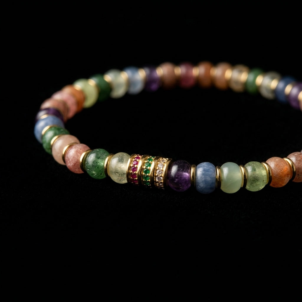 Close-up of the Lucid Spectrum Multi-Tonal Crystal grounding bracelet, featuring 6.3mm disc-cut translucent stones, 18K gold spacers, and tri-color pavé focal rings on a dark background.