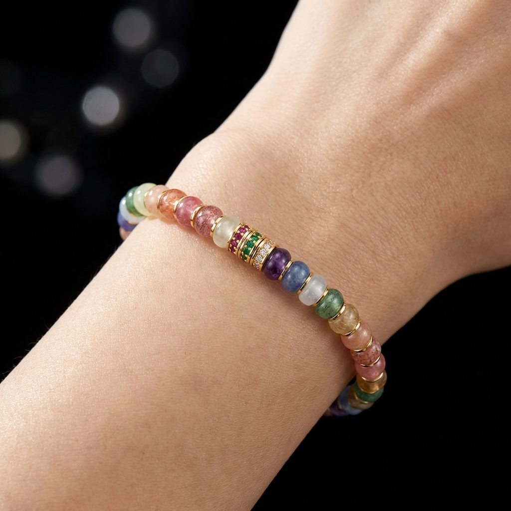 Woman wearing the Lucid Spectrum Multi-Tonal Crystal grounding bracelet on her wrist, showcasing the vibrant disc-cut stones and jeweled gold accents against her skin.