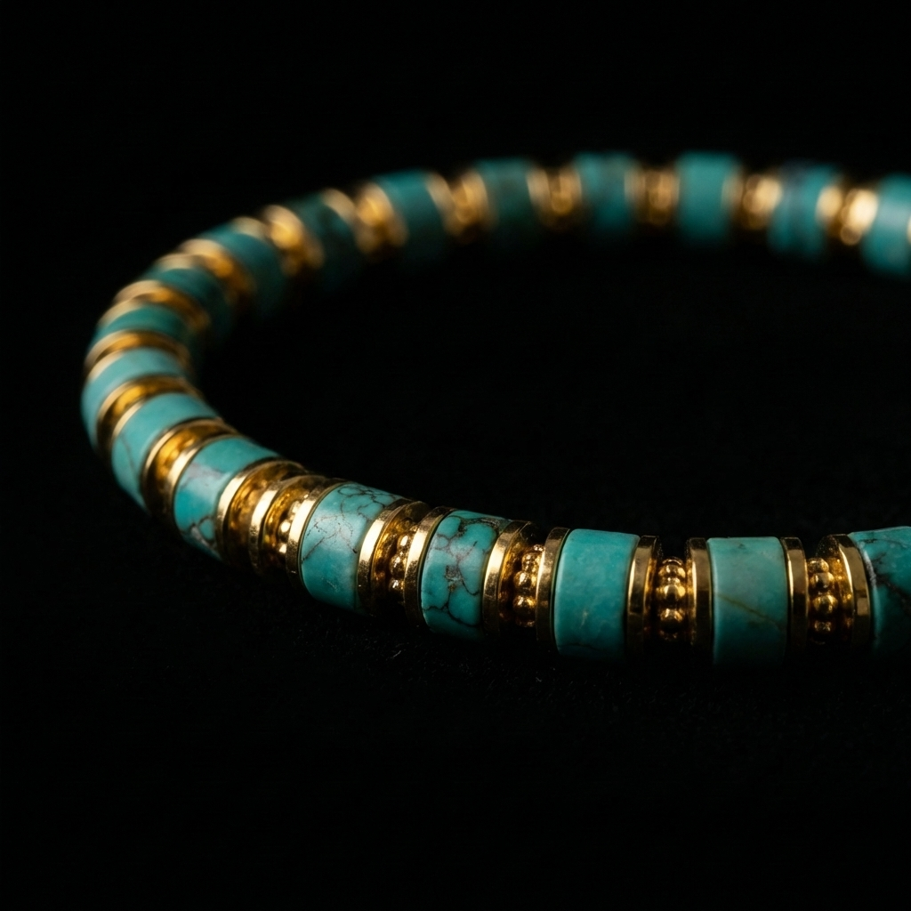 Macro photography of the Primal Current Matrix Turquoise bracelet on a black background, focusing on the dark host rock webbing and grooved gold spacers.