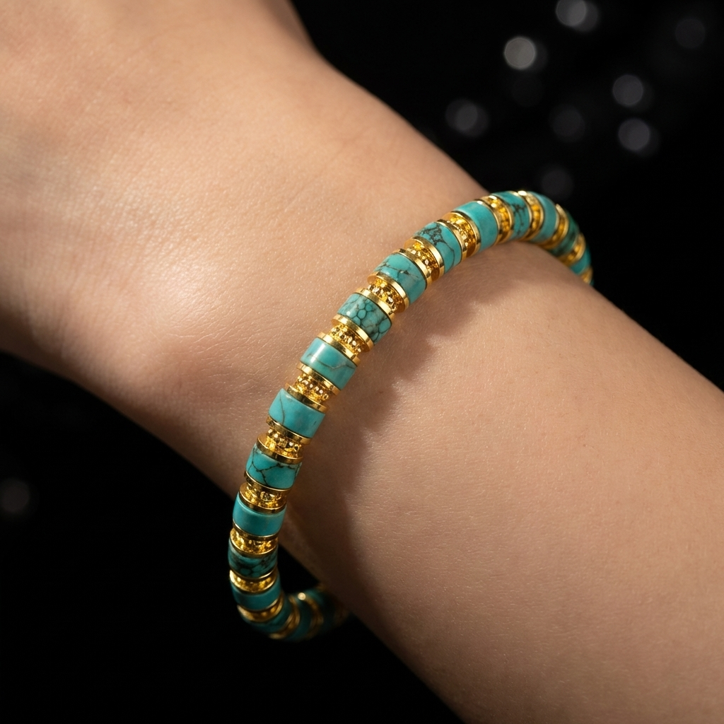 A person pressing their thumb against the cylindrical beads of the Matrix Turquoise focus bracelet, using the tactile contrast to break through brain fog.