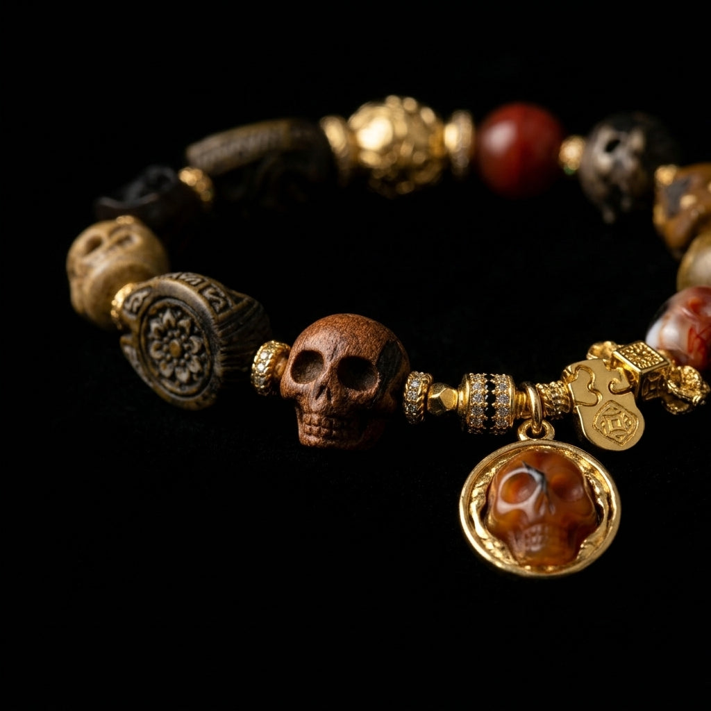 Close-up of the Primal Truth carved skull grounding bracelet, showing detailed anatomical bone and agate textures on a dark background.