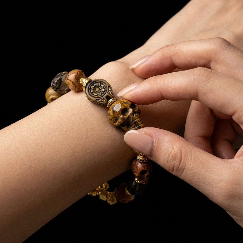 Person tracing the hand-carved skull beads of their grounding bracelet, using the complex tactile texture as a physical reality check for daily anxiety.