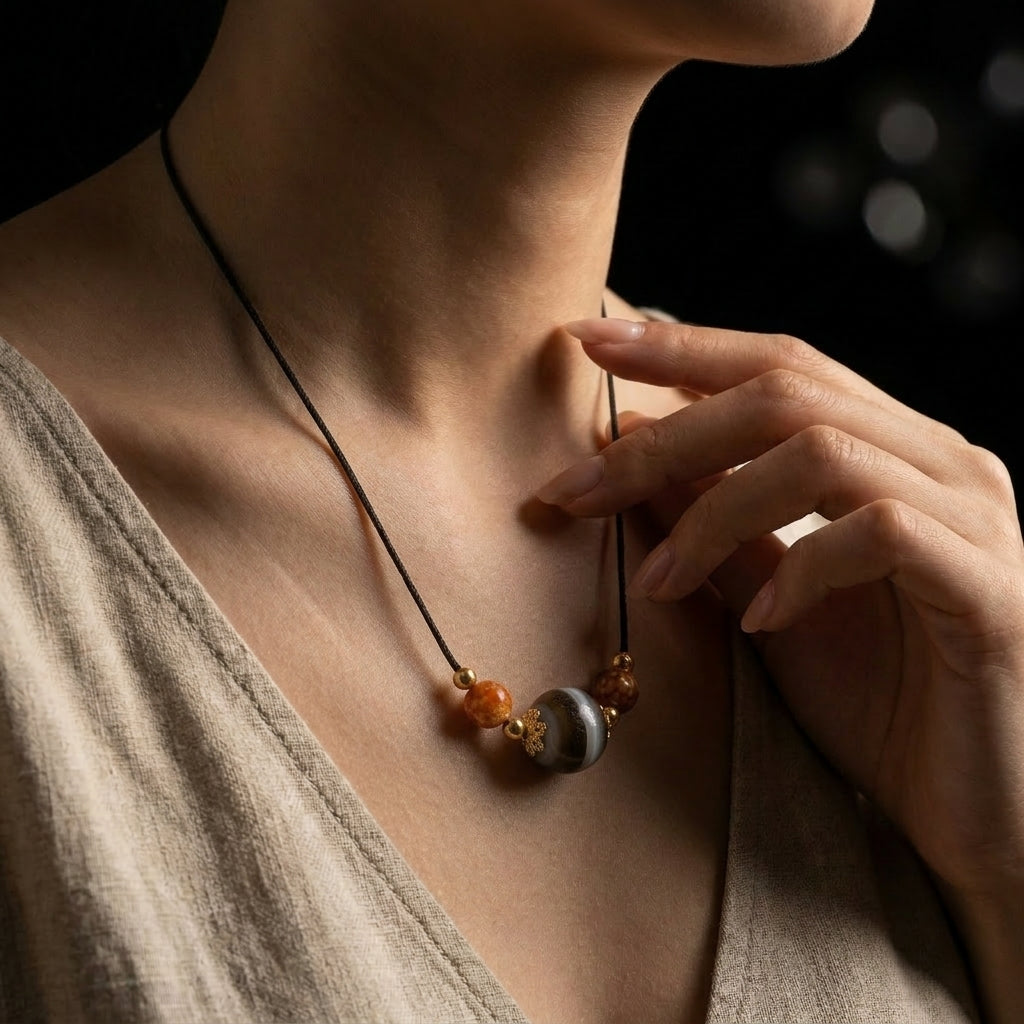 Woman touching a smooth Banded Agate somatic grounding necklace over a neutral linen dress