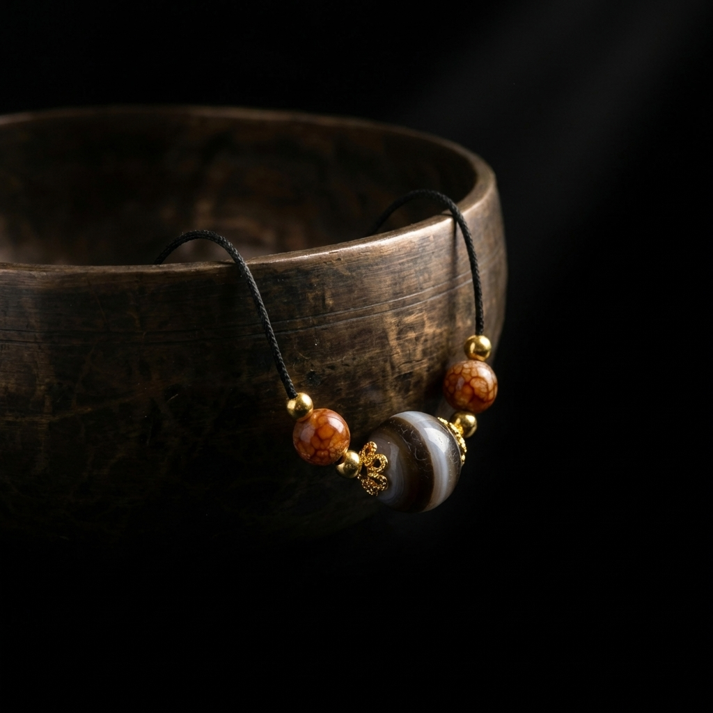 Banded Agate and Tiger's Eye somatic jewelry resting on an antique brass bowl