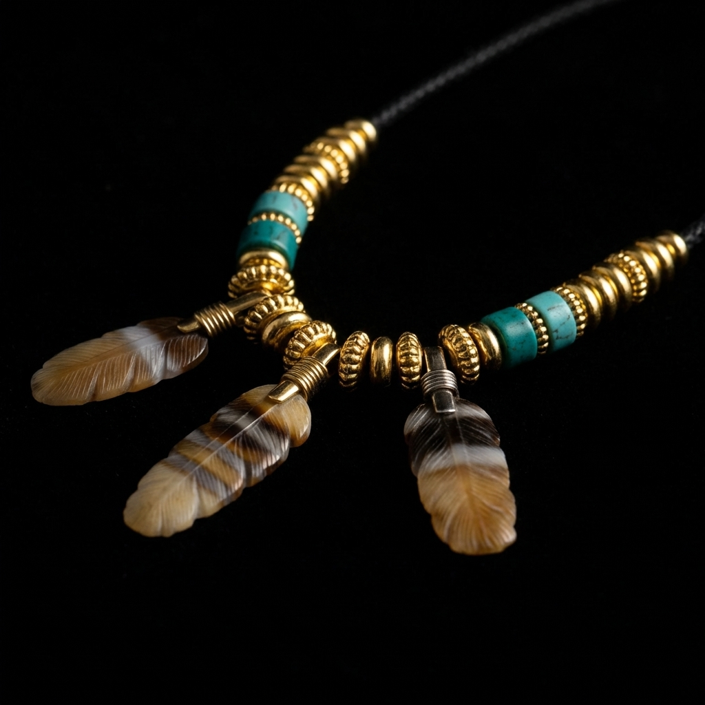 Close-up of the Quiet Feather grounding necklace, featuring three hand-carved Banded Agate feathers, cylindrical turquoise nodes, and 18K gold disc spacers on a dark background.