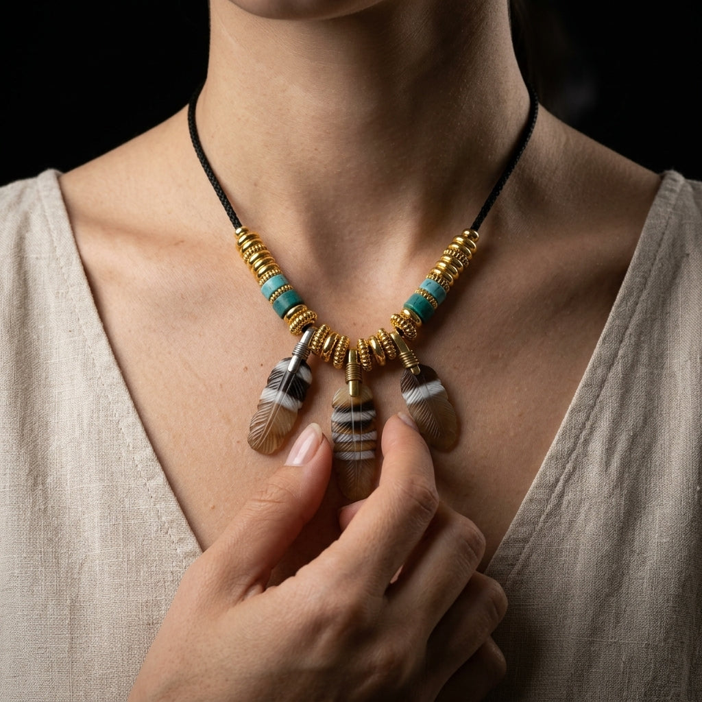 Woman wearing the Quiet Feather grounding necklace, showcasing the three substantial carved agate feathers resting against her chest over a neutral linen dress.