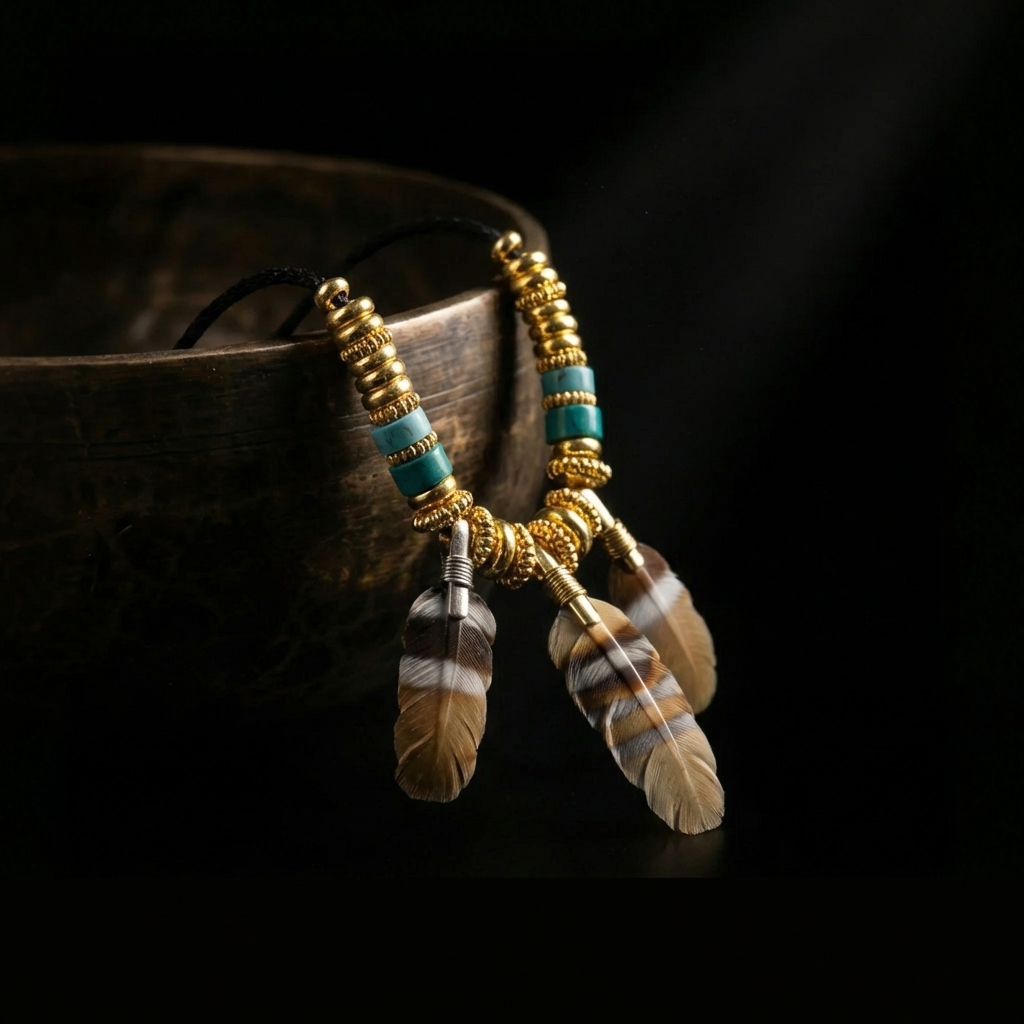 The Quiet Feather grounding necklace resting against an antique brass bowl, highlighting the deeply grooved agate feathers and turquoise accents in dramatic lighting.