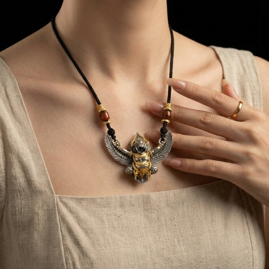 Woman pressing hand against a heavy antiqued silver grounding pendant necklace over a neutral linen dress