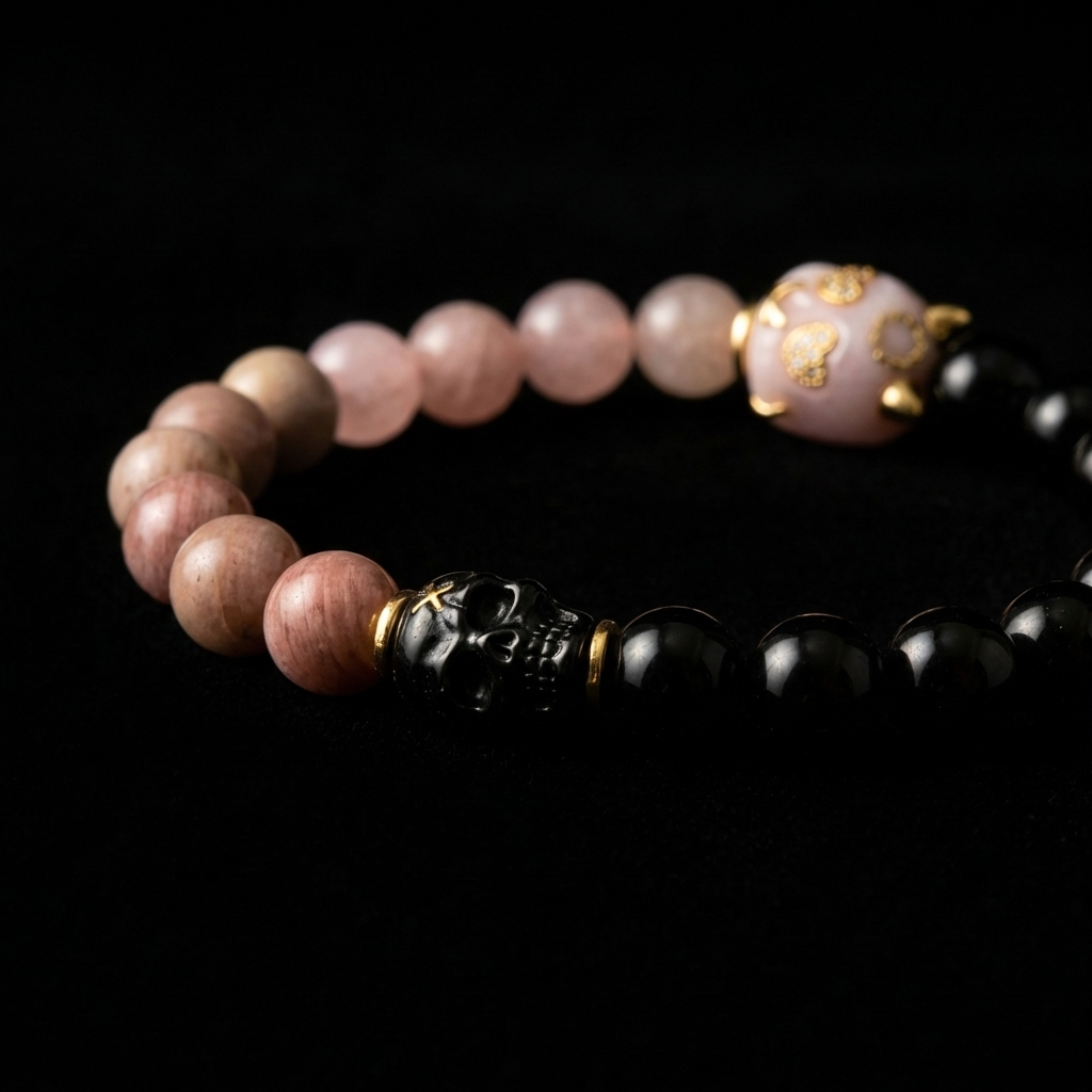 Close-up of the Quiet Shadow Obsidian and Pink Jade grounding bracelet, featuring 8mm contrasting stones, a black skull focal node, and 18K gold accents on a dark background.