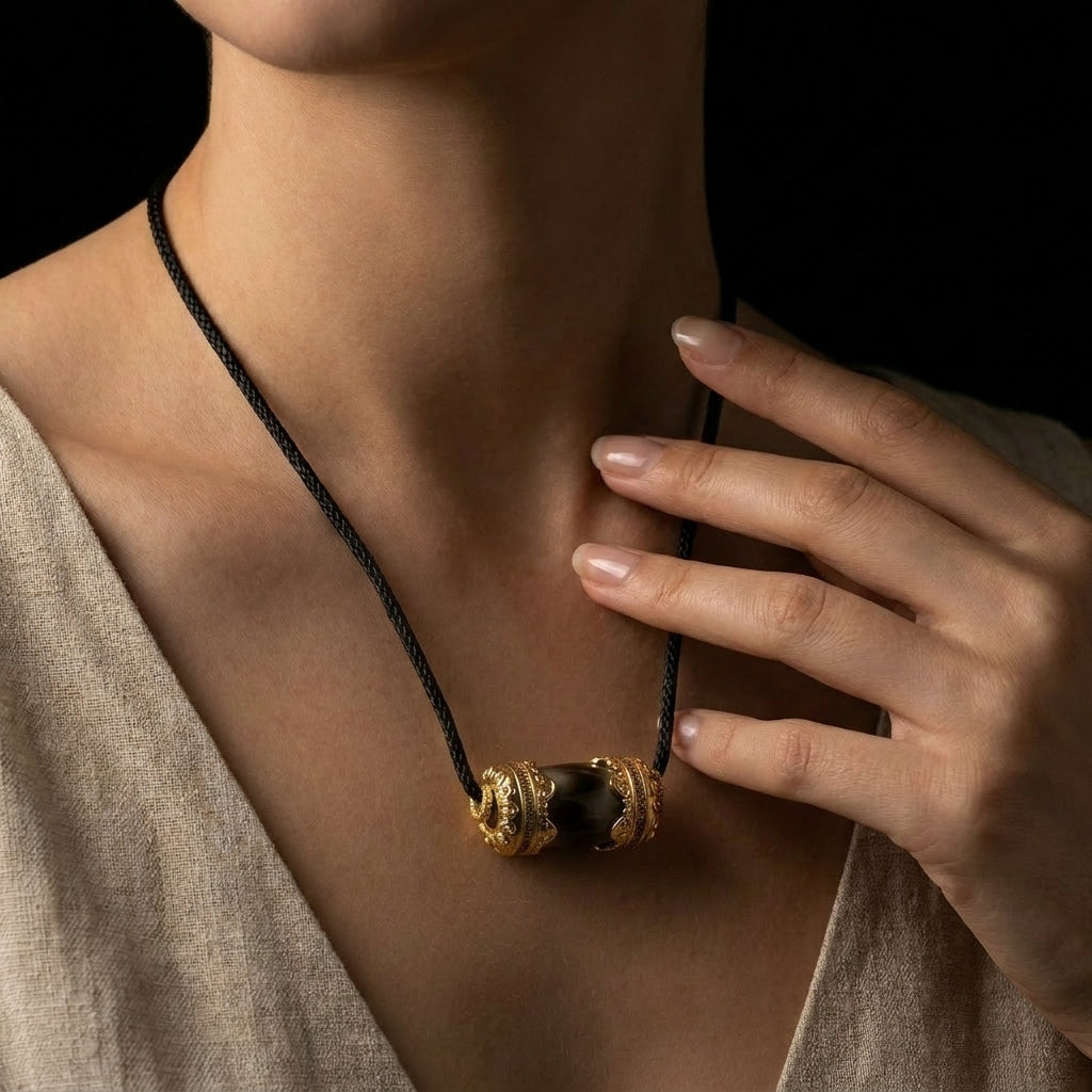 Woman wearing the Silent Axis Dzi Agate spinner necklace, showcasing the 25mm kinetic focal stone resting against her chest over a neutral linen dress.