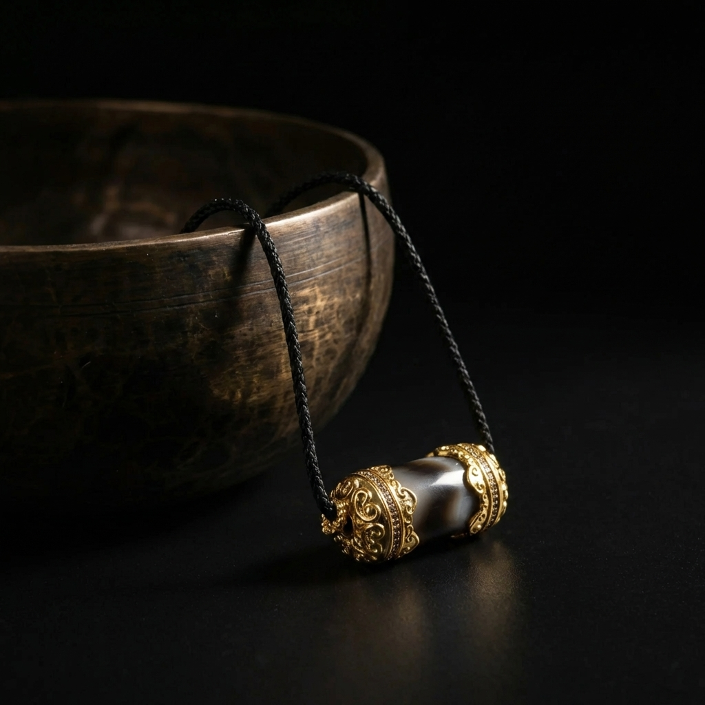The Silent Axis Dzi Agate spinner necklace resting against an antique brass bowl, highlighting the rotating cylindrical stone and gold end-caps in dramatic lighting.