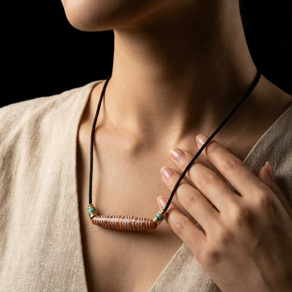 Woman wearing the Silent Tide Agate grounding necklace, showcasing the sweeping 70mm focal stone and vibrant turquoise accents resting gracefully across her chest over a neutral linen dress.