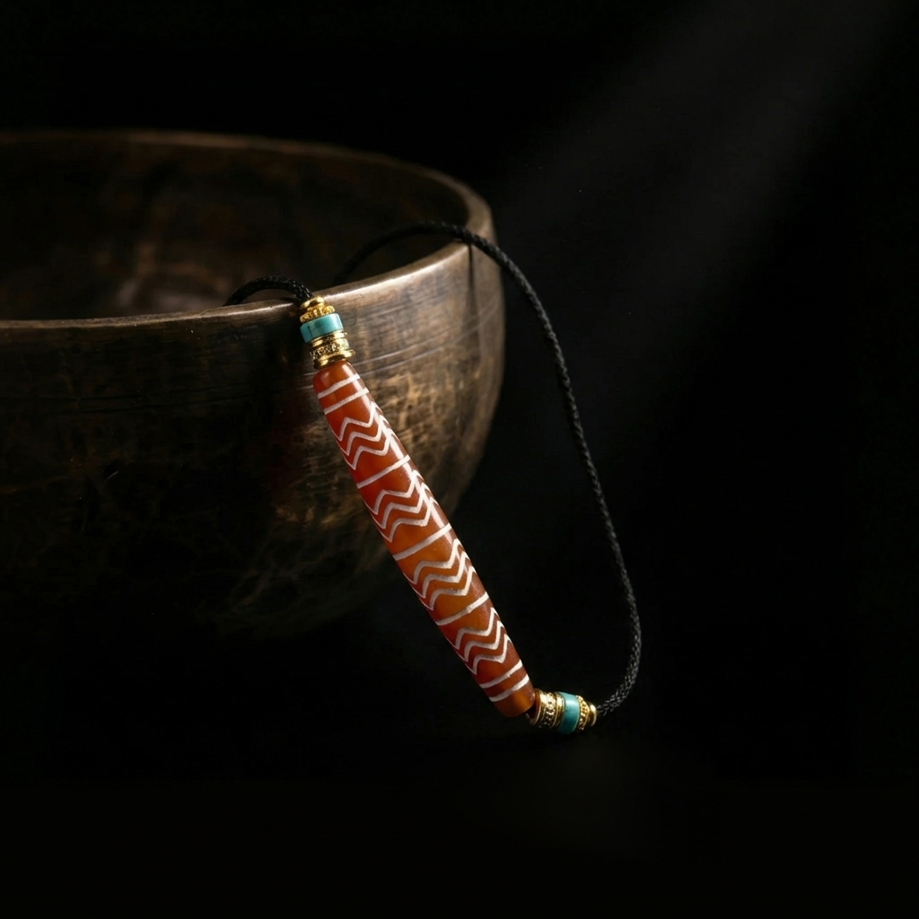 The Silent Tide Agate grounding necklace resting beside an antique brass bowl, highlighting the beautifully patterned stone and gold accents in soft, dramatic lighting.