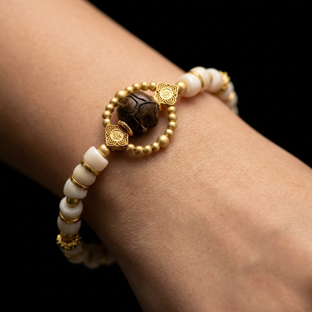 Woman wearing the tactile bone-white antler bracelet with a dark center bead, a physical grounding tool for sudden emotional stress.