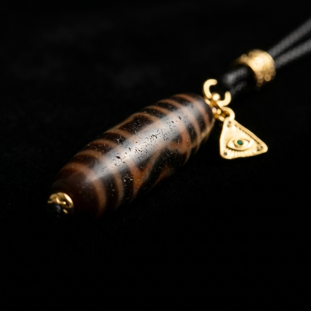 Close-up of the Solid Ground Dzi Agate grounding necklace, featuring a substantial 58mm weathered cylindrical stone and an 18K gold triangular charm on a dark background.
