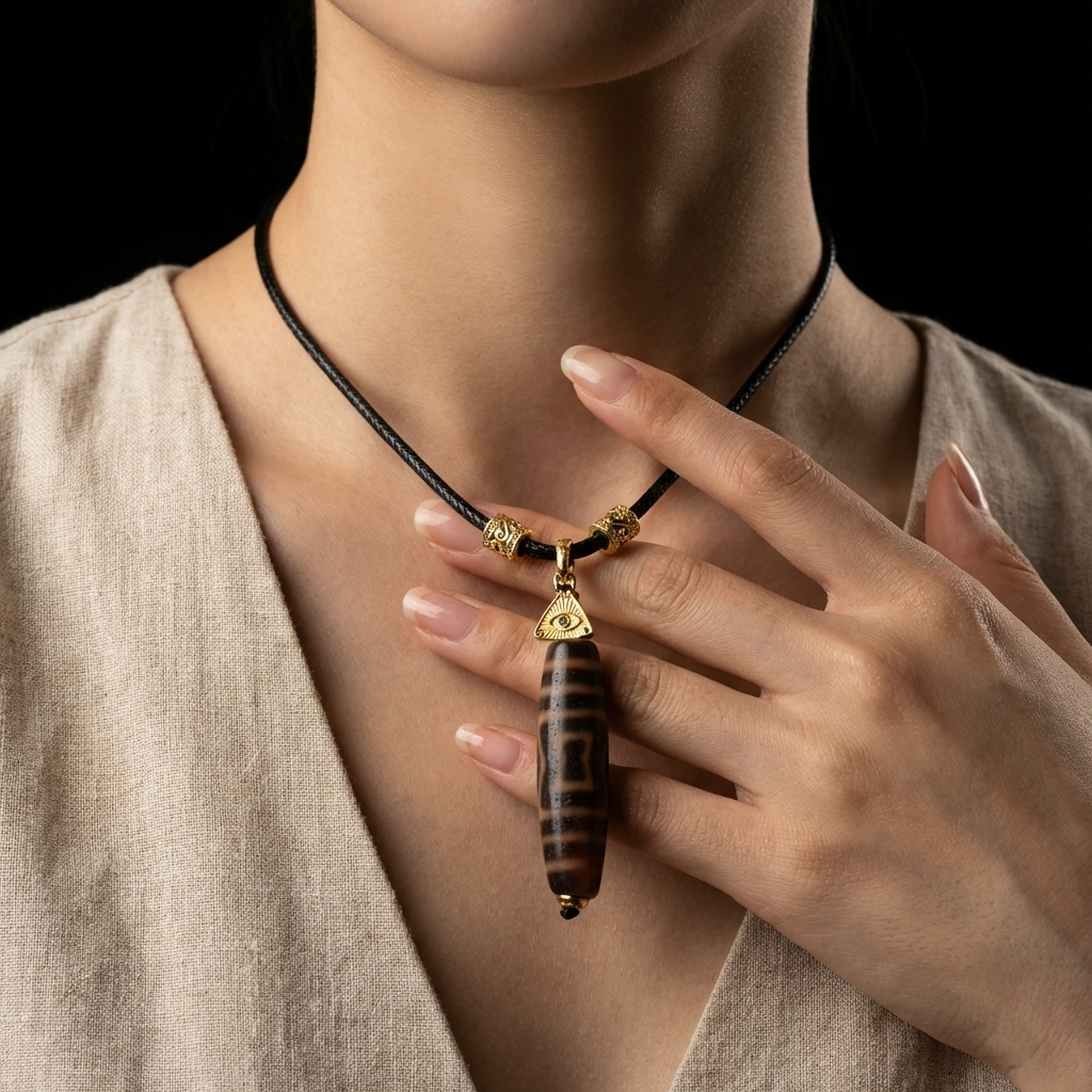 Woman wearing the Solid Ground Dzi Agate grounding necklace, showcasing the commanding 58mm vertical focal stone resting against her chest over a neutral linen dress.