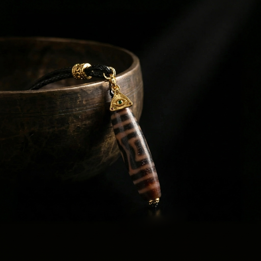 The Solid Ground Dzi Agate grounding necklace resting beside an antique brass bowl, highlighting the deeply etched 58mm stone and gold charm in dramatic lighting.