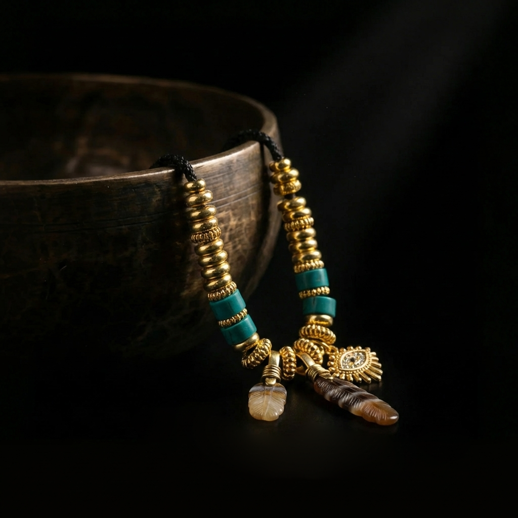 The Steady Gaze grounding necklace resting beside an antique brass bowl, highlighting the carved stone feathers, turquoise nodes, and jeweled gold charm in soft, dramatic lighting.