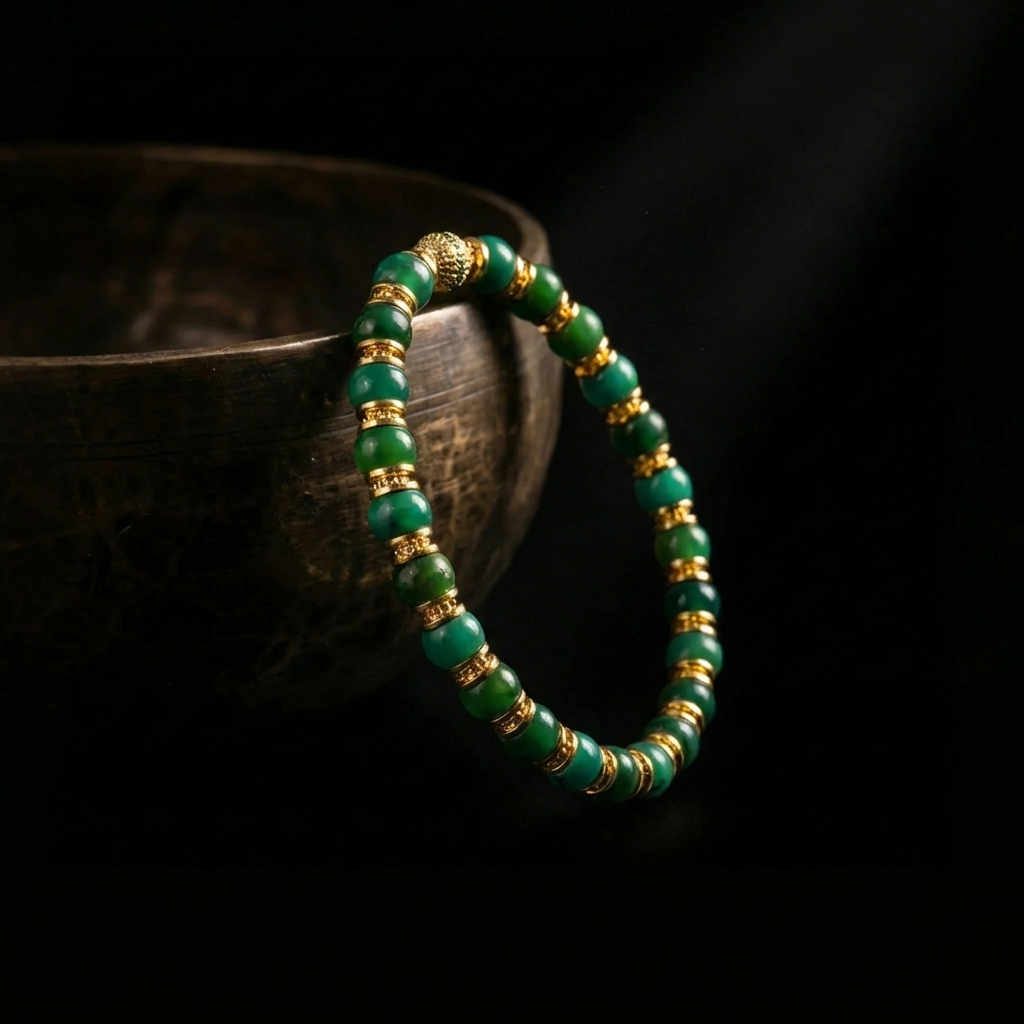 The Verdant Current Matrix Turquoise grounding bracelet resting against an antique brass bowl, highlighting the 8.3mm green stones and 18K gold focal node in dramatic lighting.